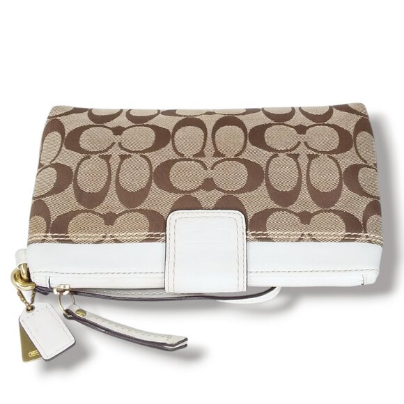 Coach Wristlet Signature Canvas Logo Brass Turnlock Beige Brown White Leather - Picture 5 of 10